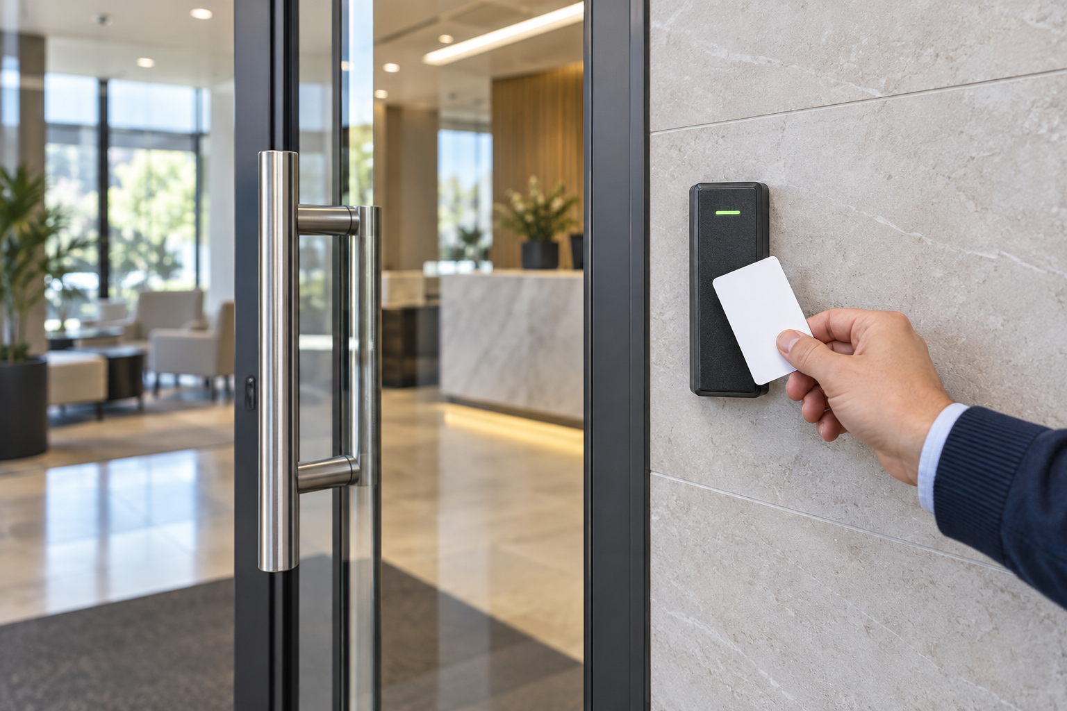 Person using a keycard reader to access a commercial building