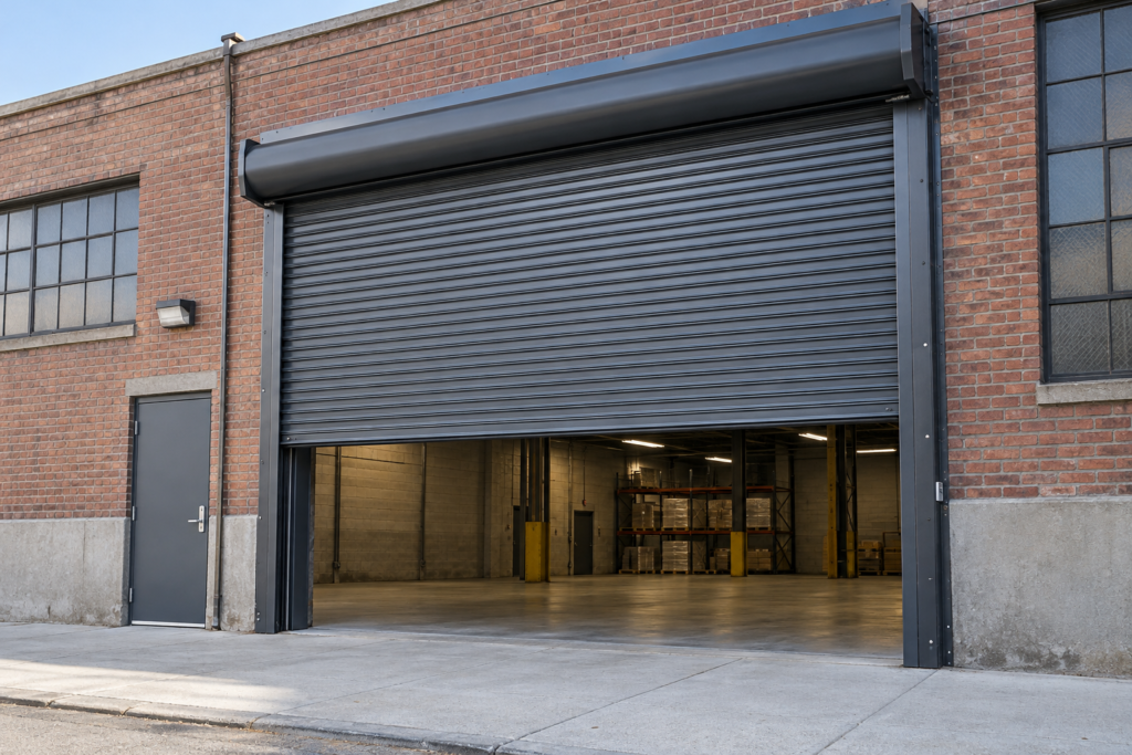 Commercial steel rolling gate at a warehouse entrance in Queens, NY