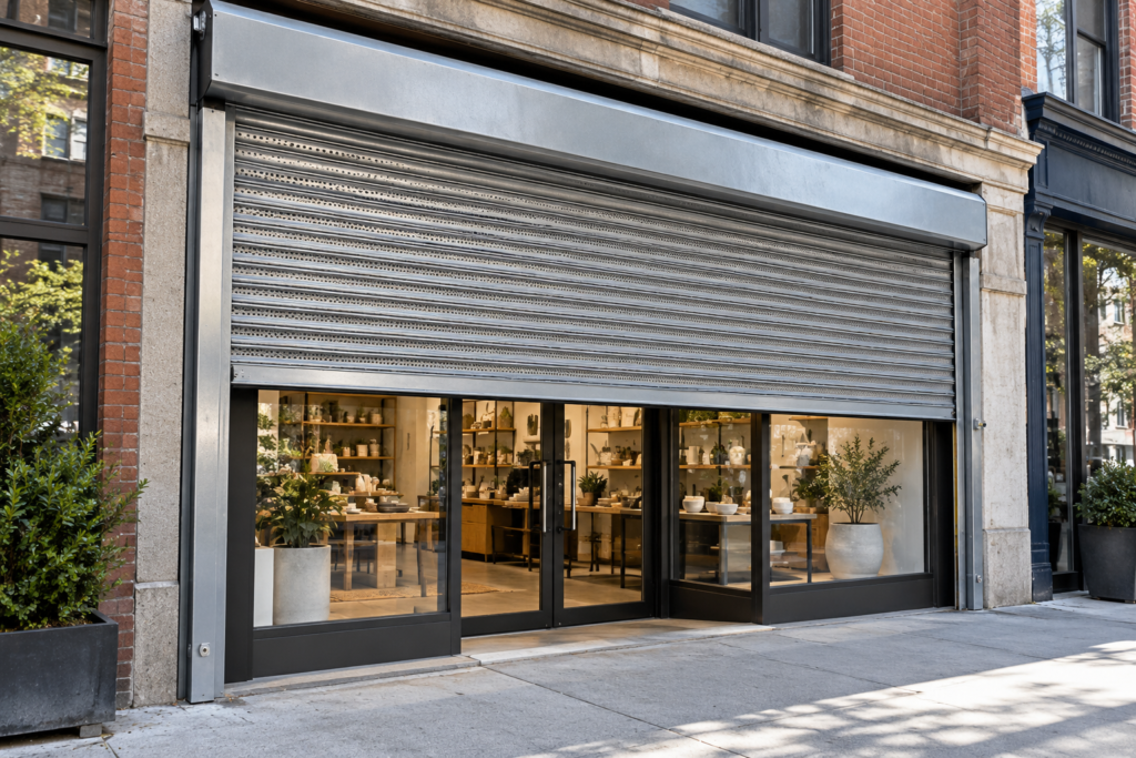 Partially raised commercial metal rolling gate on a Queens storefront