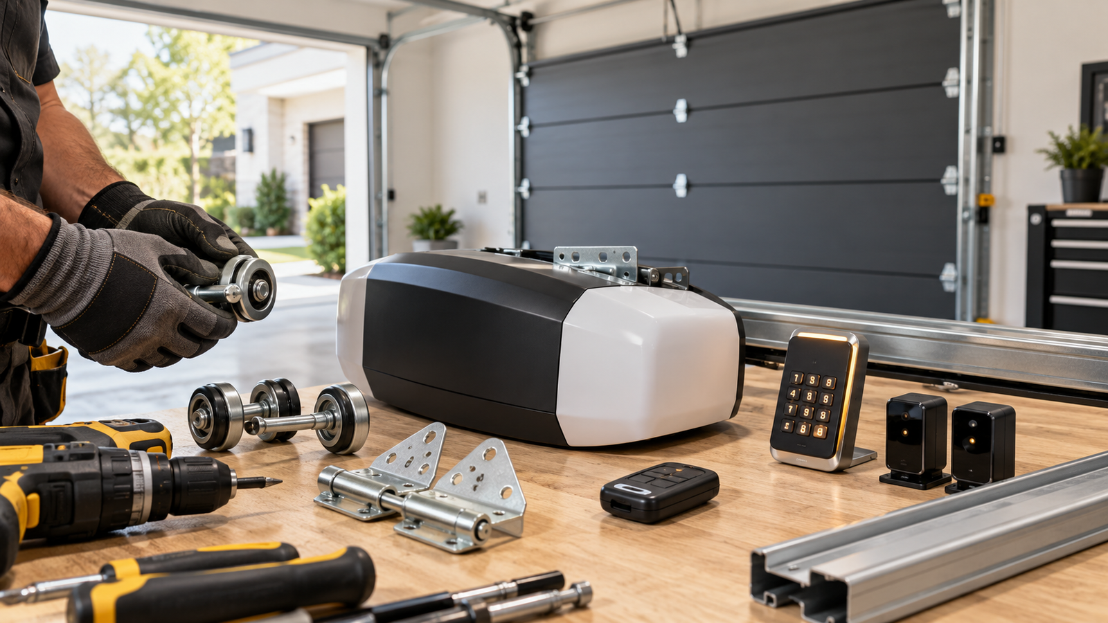Garage door technician inspecting a roller beside automatic garage door opener equipment, safety sensors, keypad, remote control, and installation tools.