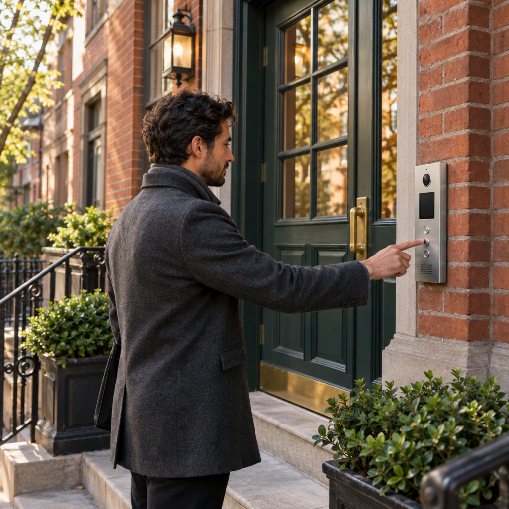 Man using a video intercom at a Queens apartment entrance