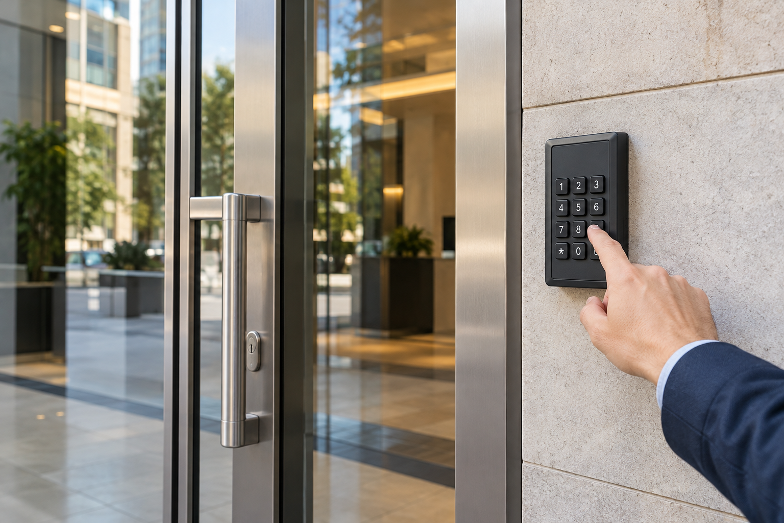 Person entering an access code on a commercial door keypad