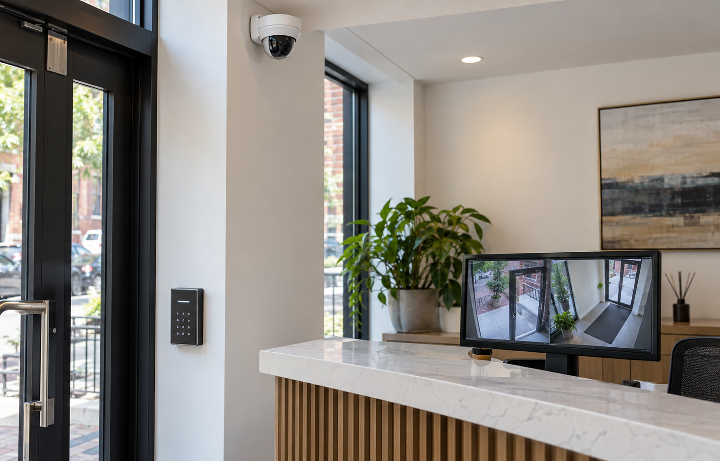 CCTV camera, access keypad, and security monitor in Queens