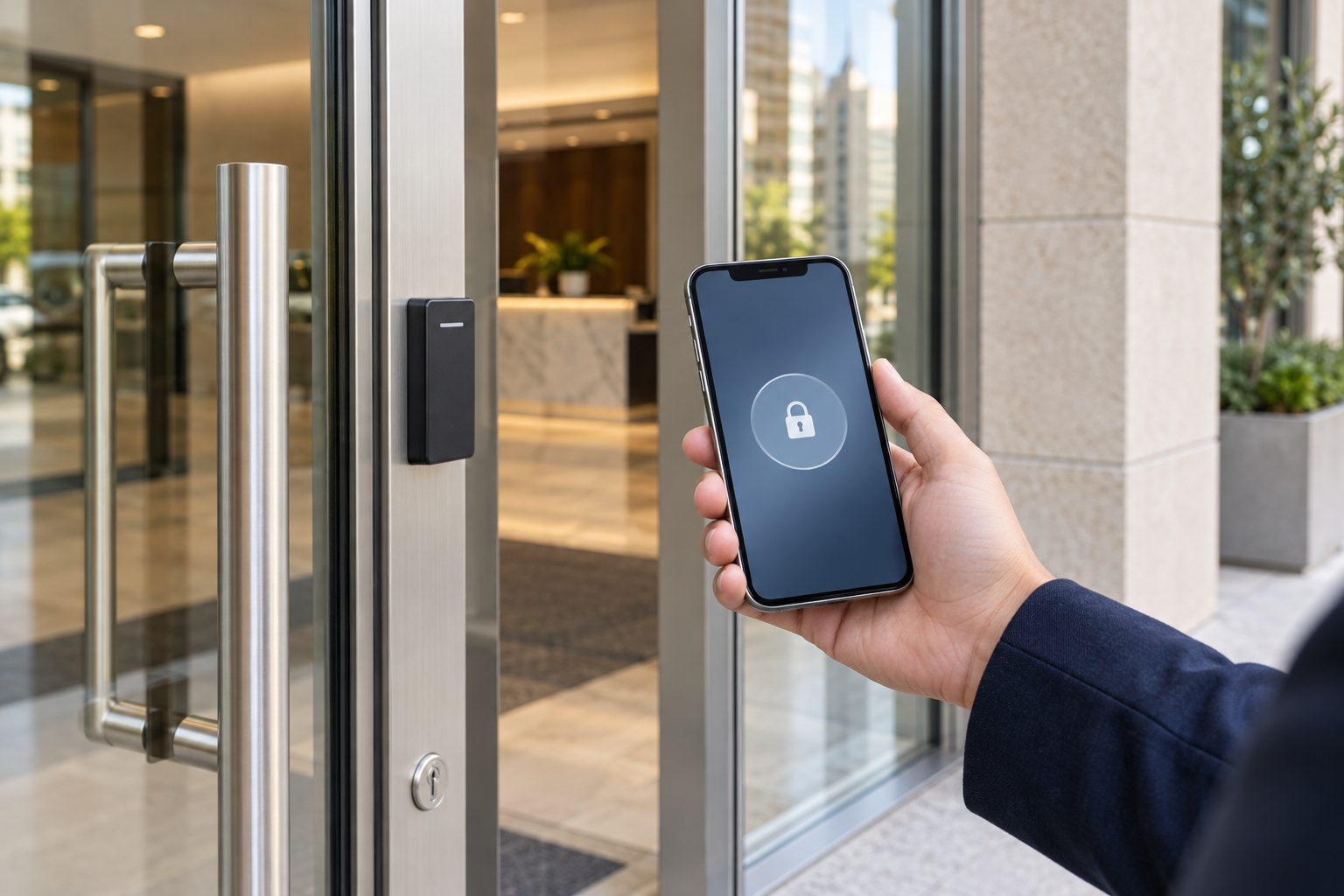 Smartphone displaying a smart access control option beside a commercial door