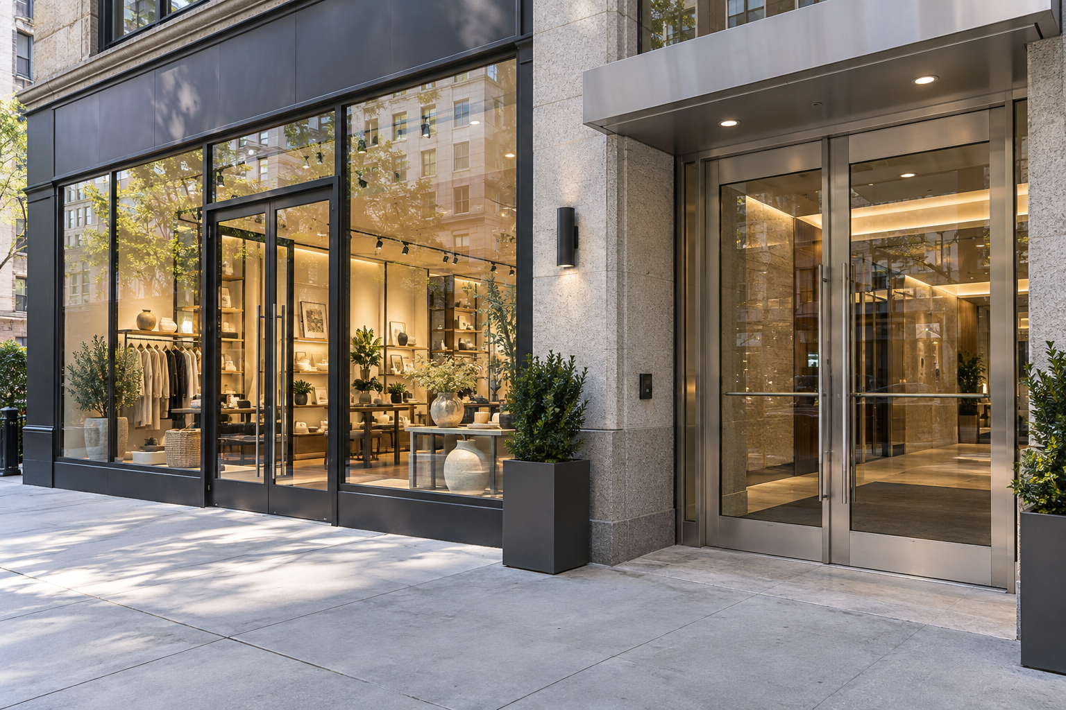 Retail storefront and commercial building entrances in New York