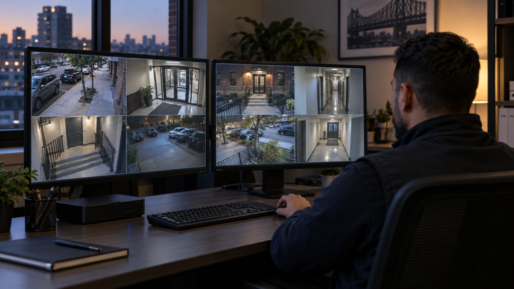 Security monitoring system displaying multiple camera views in Queens, NY.