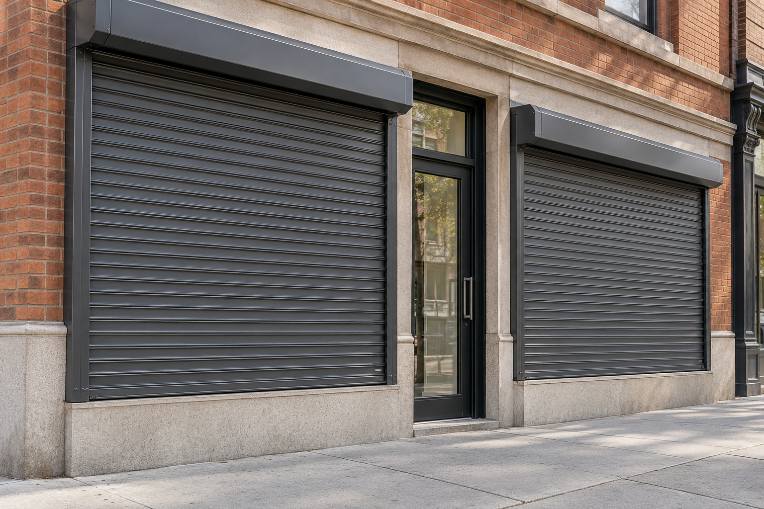 Metal security shutters protecting commercial storefront windows