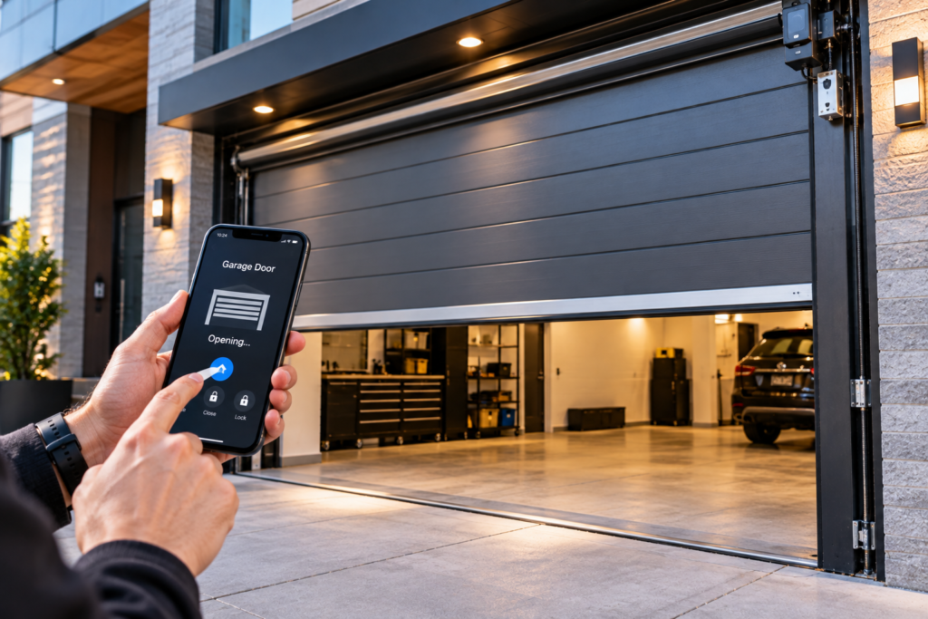 Person using a smartphone to open a smart garage door in Queens, NY
